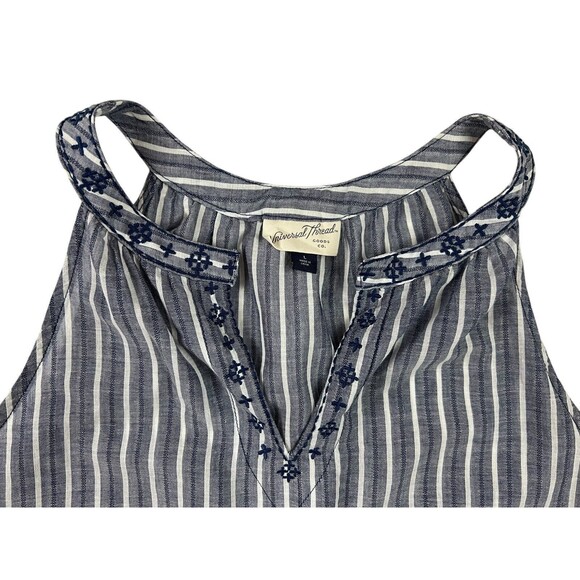 Universal Thread Blue Strip Split Neck Tank Top  Size L  Embroidered Neck Trim - Picture 3 of 6